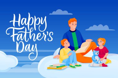 Kaligrafi harfli Babalar Günü tebrik kartın kutlu olsun. Baba, oğul, kız bulutların üzerinde oturuyor ve masal kitabı okuyor. Tatil afişi, poster tasarımı. Vektör karakterler çizimi