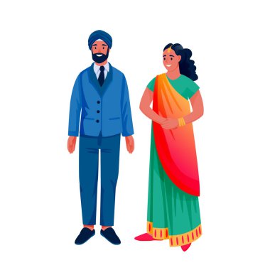 Geleneksel giysiler içinde, beyaz arka planda soyutlanmış Hintli genç bir çift. Renkli güzel sari giymiş Hintli kadın ve türbanlı adam. Vektör düz çizgi film karakterleri çizimi.