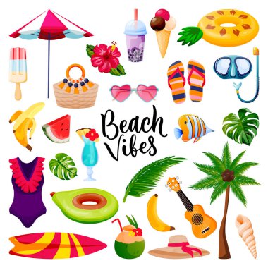Plaj titreşimleri yazı yazıları, yaz seyahatleri ve tropikal tasarım elementleri. Beyaz arka planda izole tatil ikonları. Vektör düz çizgi film eğlenceli illüstrasyon.