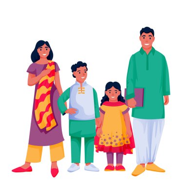 İki çocuklu mutlu Hintli bir aile. Baba, anne, erkek ve kız renkli geleneksel giysiler içinde, beyaz arka planda izole edilmiş. Vektör düz çizgi film karakterleri çizimi