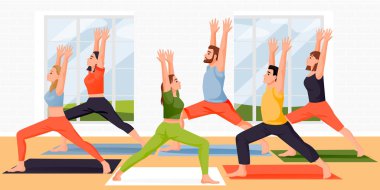 Savaşçıların biri virabhadrasana pozu verir. Stüdyoda eğitmenle yoga meditasyonu yapan kadınlar ve erkekler. Vektör düz çizgi film karakterleri çizimi. Aktif yaşam tarzı, fitness yoga sınıfı