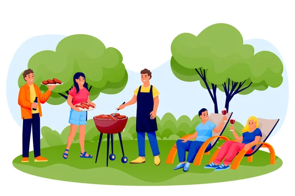 Barbacoa Fiesta Aire Libre Felices Amigos Cocinando Carne Parrilla Salchichas — Vector de stock