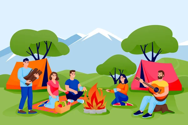 Летний Кемпинг Экотуризм Счастливые Друзья Отдыхают Лесу Горах Палатках Векторная — стоковый вектор