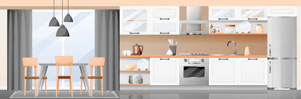 Cozinha Branca Moderna Sala Jantar Interior Ilustração Desenho Animado Plano —  Vetores de Stock