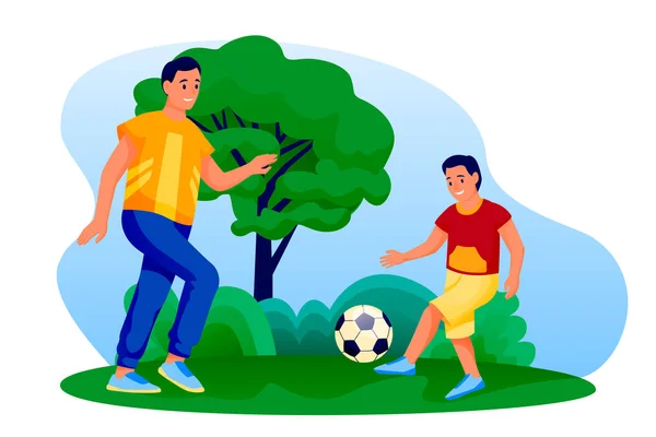 幸せな父親と息子は屋外でサッカーをします 庭や公園でサッカーボールで遊んでお父さんと男の子 ベクトルフラット漫画の人々のキャラクターイラスト 家族のスポーツ活動とレジャーライフスタイル — ストックベクタ