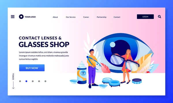 Optics Store Banner Design Template Pessoas Escolhem Óculos Lentes Contato —  Vetores de Stock