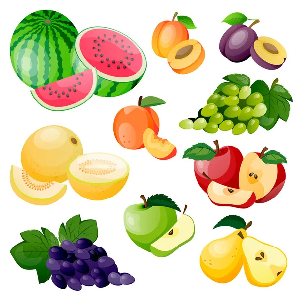 Colección Iconos Frutas Bayas Jugosas Ilustración Dibujos Animados Planos Vectoriales — Vector de stock