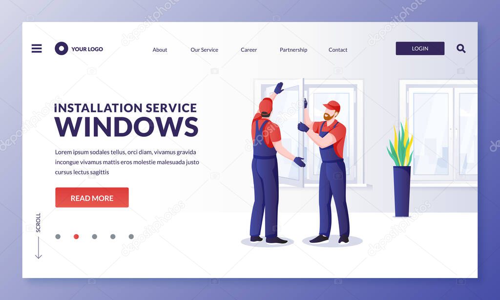 Plastic window repair and installation service. Handymen replace old windows to new ones. Vector flat cartoon character worker illustration. Home maintenance services and improvement concept