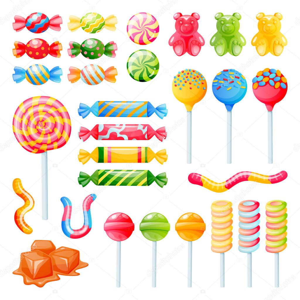 Candies collection isolated on white background. Vector cartoon illustration. Desserts icons and design elements set. Multicolor sweet lollipops, marshmallow, cane, caramels and jelly bears