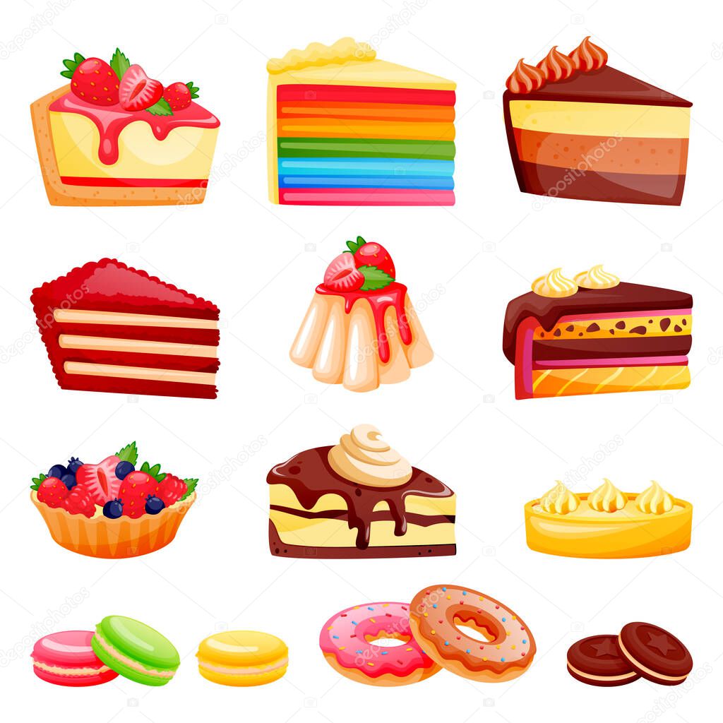 Sliced cakes collection isolated on white background. Vector cartoon illustration. Desserts icons and cafe design elements set. Multicolor sweet pastry, cheesecake, rainbow cake, macarons, lemon tart