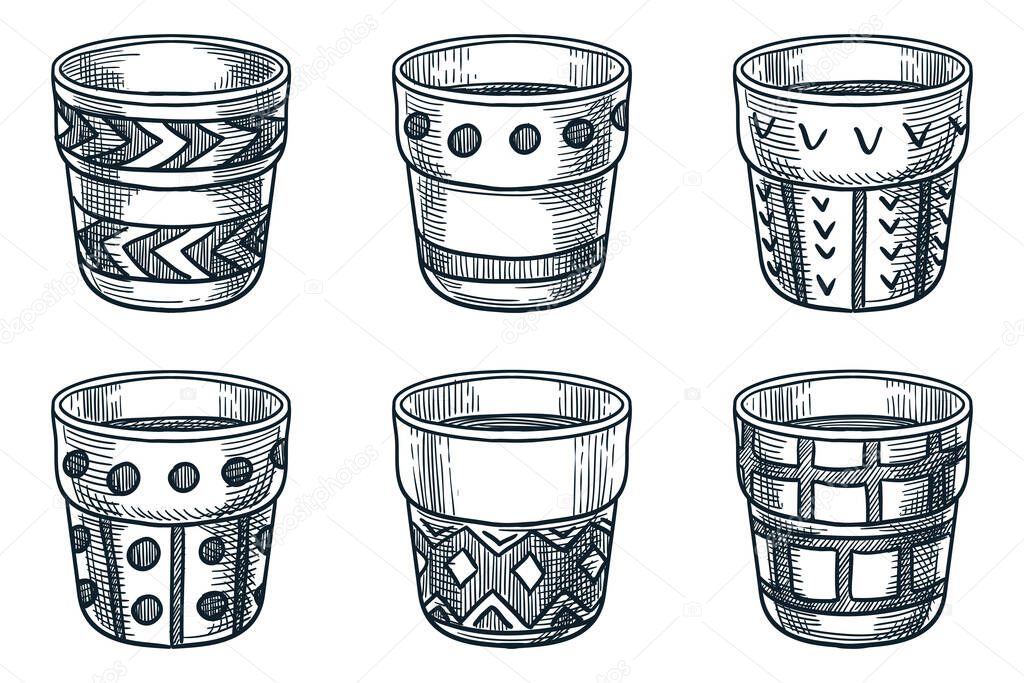 Empty flower ceramic pots set, isolated on white background. Vector hand drawn sketch illustration. Plants containers or clay vases collection. Gardening and planting icons