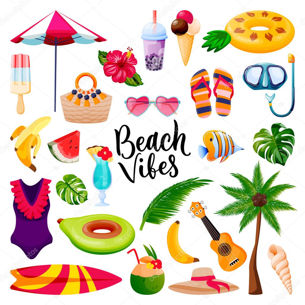 Beach vibes calligraphy lettering, summer travel and tropical design elements set. Vacation holiday icons, isolated on white background. Vector flat cartoon fun cute illustration.