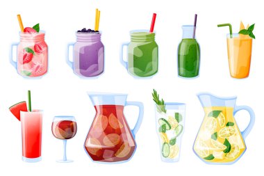 Beyaz arka planda izole edilmiş tropikal içecekler koleksiyonu. Vektör karikatür çizimi. Meyve suyu, taze meyve suyu, sangria, limonata bardakları. Plaj barı menü tasarımı ögeleri ayarlandı