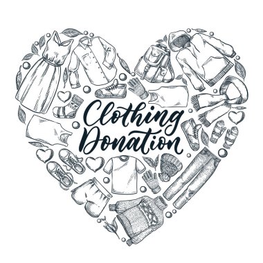 Kullanılmış kıyafet bağışı, afiş ya da el yazısı harfli poster. Kalp şeklinde giysiler, vektör el çizim simgeleri ve tasarım elementleri. Sosyal insani yardım ve yardım kavramı