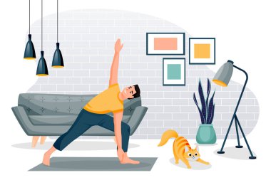Adam trikonasana pozunda duruyor. Evde yoga egzersizi. Erkek ve kırmızı kedi modern çatı katında eğitim görüyor. Vektör karakterler çizimi. Sağlıklı yaşam tarzı ve evde dinlenme zamanı