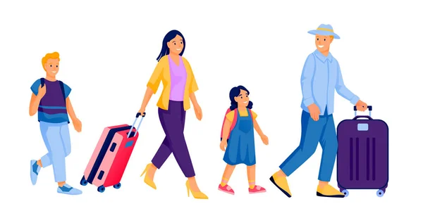 Familia Feliz Con Dos Niños Caminando Con Equipaje Vector Plano — Archivo Imágenes Vectoriales