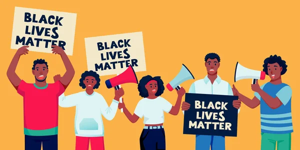 Afroamerikaner Protestieren Mit Plakaten Und Lautsprechern Schwarze Leben Zählen Protestieren — Stockvektor