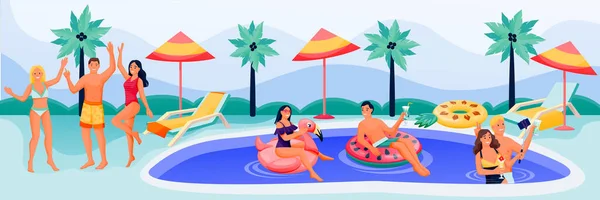 Junge Glückliche Menschen Haben Bei Der Poolparty Einen Lustigen Sommerurlaub — Stockvektor