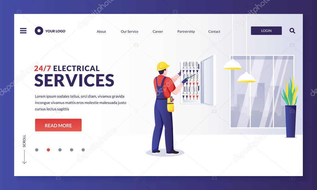 Electrician repairs electricity or installs fuse. Engineer makes house repair works. Vector flat cartoon worker character illustration. Home repair, maintenance and electric works services concept