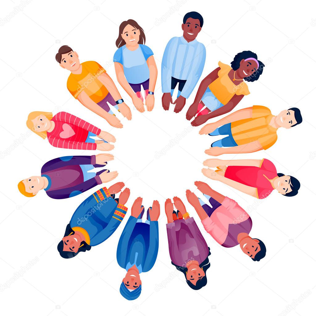 Multiethnic people team standing in circle together, holding hands. Top view vector illustration. Diversity social community, collaboration, teamwork concept. Flat cartoon men and women characters