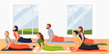 Kobra pozu veren insanlar bhujangasana pozu veriyor. Stüdyoda eğitmenle yoga ve meditasyon yapan kadınlar ve erkekler. Vektör düz çizgi film karakterleri çizimi. Aktif yaşam tarzı, fitness ve yoga sınıfı