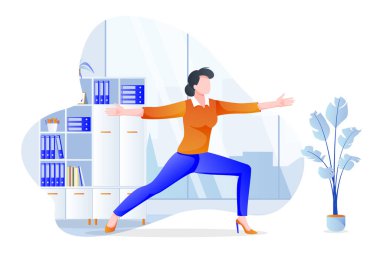 İş kadını menajeri savaşçı pozunda duruyor. Virabhadrasana pozu. Ofis yogası 5 dakika mola. Modern dolapta meditasyon yapan bir kadın. Vektör karakter çizimi. Sağlıklı yaşam tarzı ve iş yerinde dinlenme zamanı