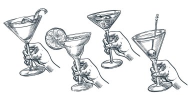 Alkol kokteyli ile insan bardağı. Kadın elinde bir bardak martini. Vektör el çizimi çizimi çizimi. Bar içkileri koleksiyonu. İçecek menüsü tasarım elementleri beyaz arkaplanda izole edildi