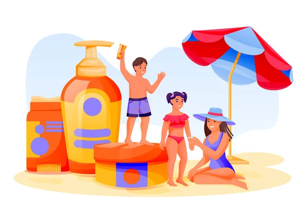 Young Mother Two Kids Use Sunblock Cosmetic Summer Face Body — Stock Vector