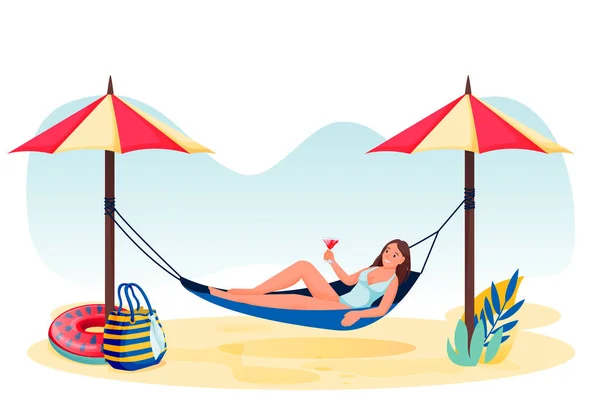 Jeune Femme Avec Cocktail Dans Hamac Sur Plage Illustration Vectorielle — Image vectorielle