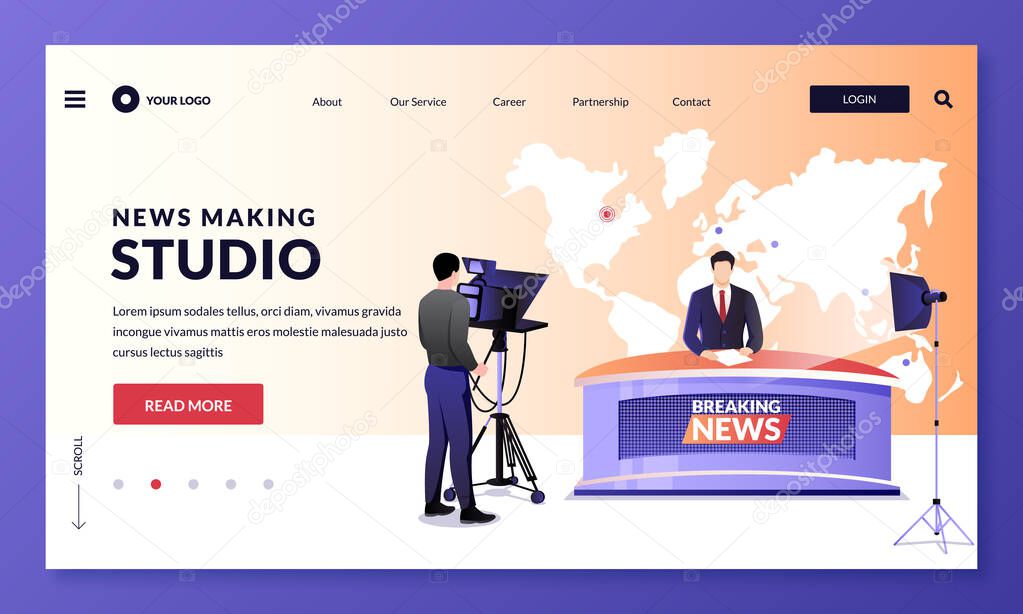 News making, television studio workflow. TV breaking news broadcasting, vector illustration. Man media broadcasters and cameraman with camera at work. Media show, live events, entertainment concept