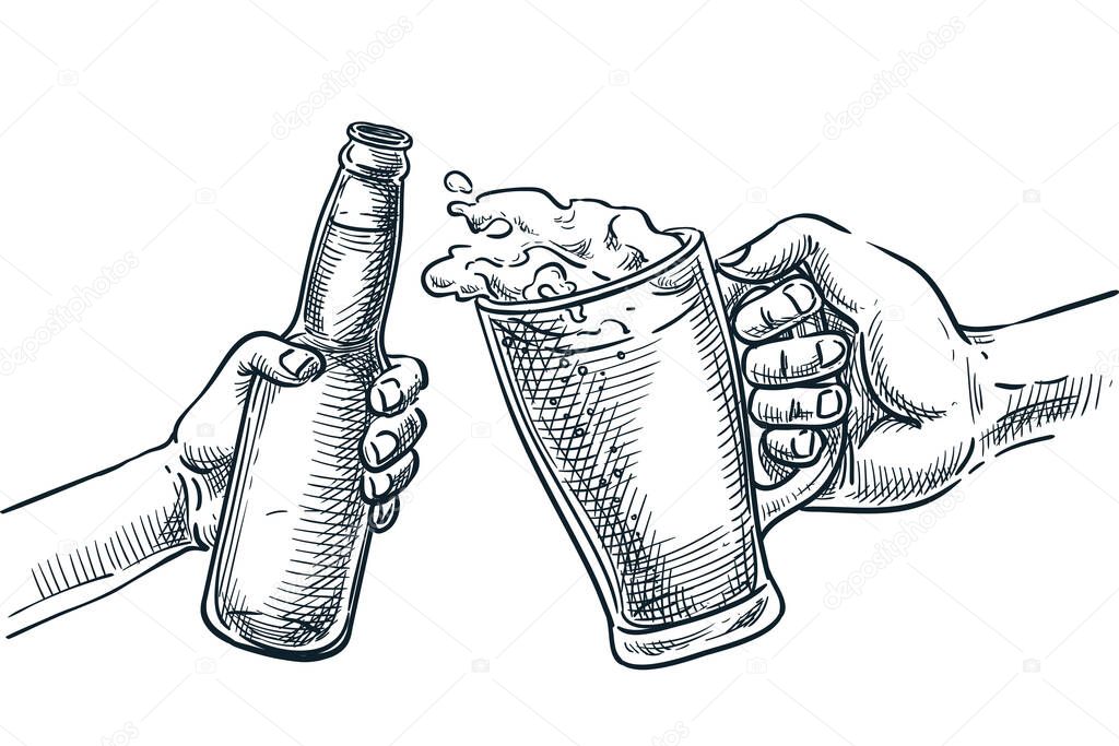 Human hand cheers with beer glass and bottle. Vector hand drawn sketch illustration, isolated on white background. Octoberfest beer festival or holiday party design elements