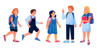 Running and standing school children with books and backpacks. Vector flat cartoon illustration of preschoolers boys, girls. Back to school education design elements. Kids isolated on white background