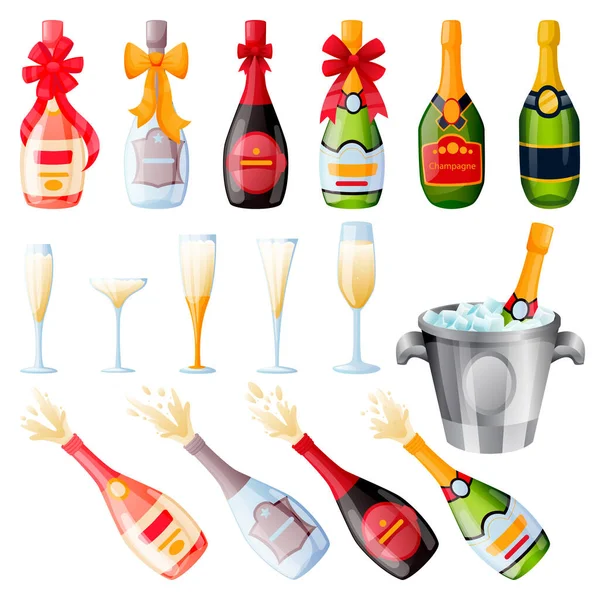 Explosion Champagne Bottles Bow Ribbons Drinking Glasses Set Vector Flat — Wektor stockowy