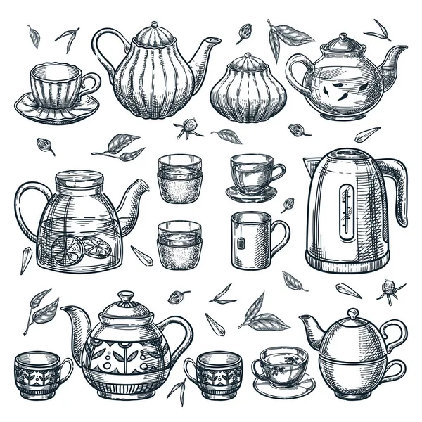 Teapots Tea Cups Collection Vector Hand Drawn Sketch Illustration Ceramic — Vetor de Stock