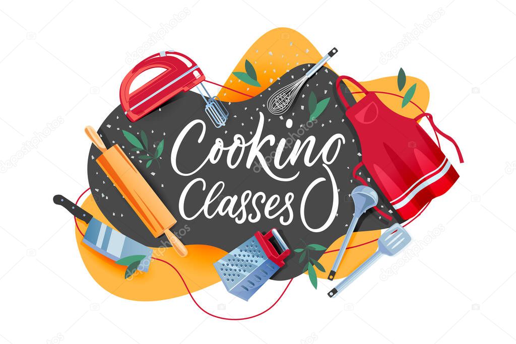 Cooking class banner, frame, label or poster design template. Hand drawn calligraphy lettering and kitchen tools on blackboard. Vector flat cartoon illustration