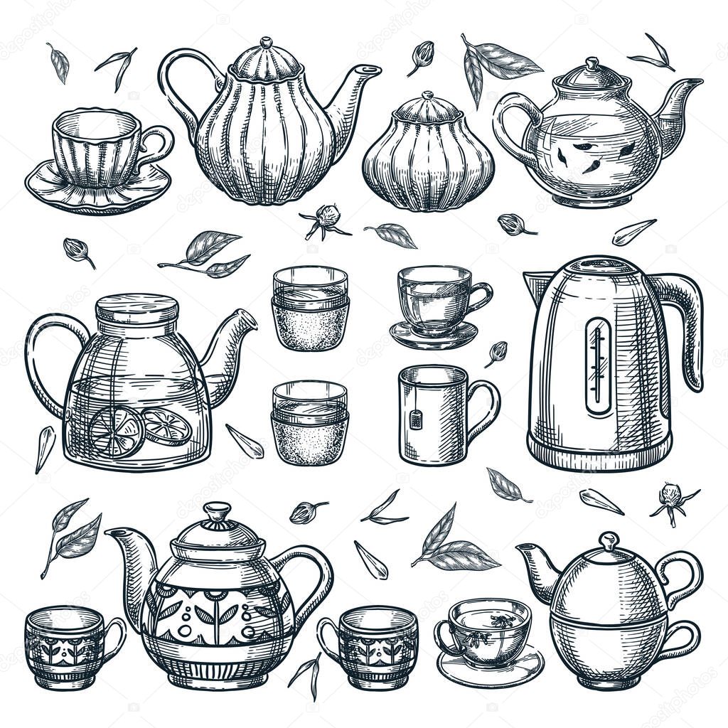 Teapots and tea cups collection. Vector hand drawn sketch illustration. Ceramic, glass, porcelain utensil icons set. Kitchenware and home decoration isolated design elements