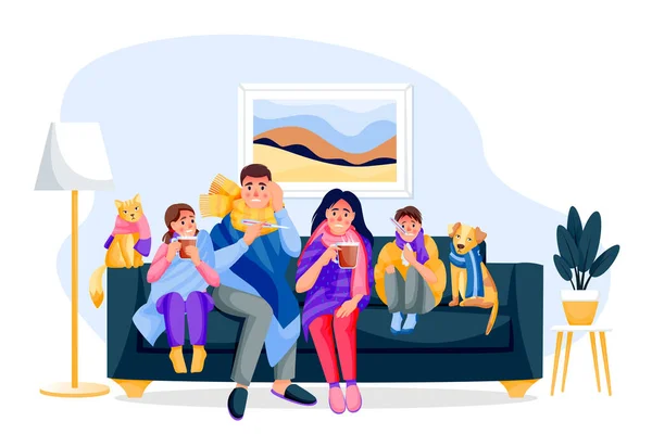 Grippekranke Familie Mit Haustieren Auf Dem Sofa Zimmer Vater Mutter — Stockvektor