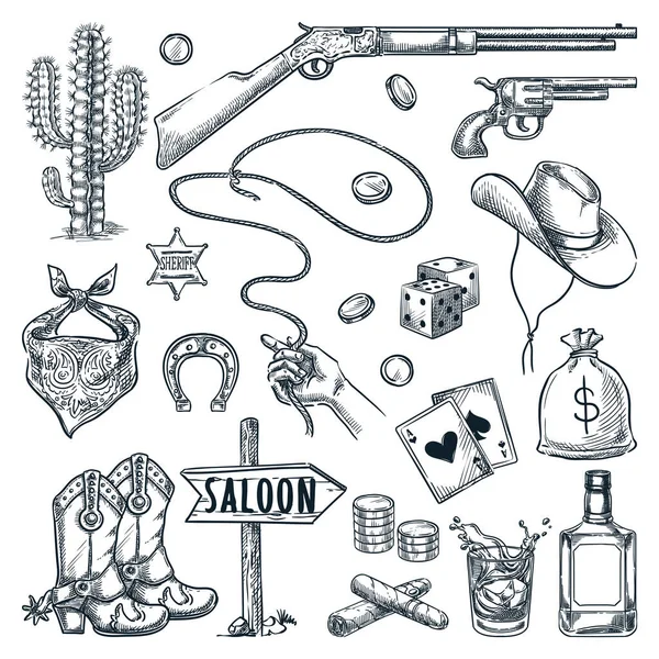 Set Iconos Vintage Del Salvaje Oeste Texas Vector Dibujado Mano — Vector de stock