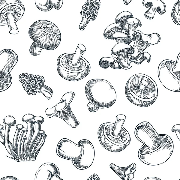 Mantarlar siyah, beyaz, pürüzsüz desen. Çizim vektör çizimi. El çizimi sonbahar arkaplanı. Paket kağıdı veya tekstil baskı tasarımı