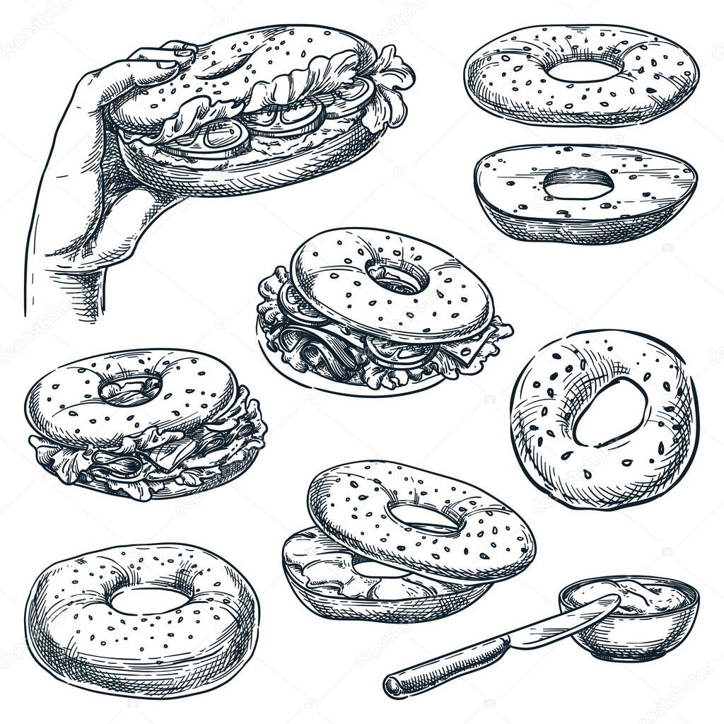 Bagel bread and sandwiches set, isolated on white background. Fast food snacks vector sketch illustration. Bun with salmon, cheese, ham and tomato. Cafe lunch menu hand drawn vintage design elements