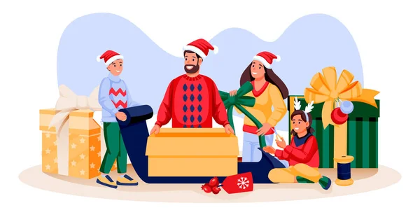 Noel Kostümlü Mutlu Bir Aile Noel Hediyelerini Paketliyor Baba Anne — Stok Vektör