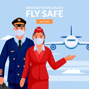 Hostes ve pilot tıbbi koruma maskeleri takıyor. Mavi gökyüzü arka planında uçuş yapan havaalanı mürettebatı. Hava yolculuğu yeni kurallar, sağlıklı ve güvenli uçuş konsepti. Vektör düz resimleme