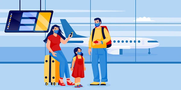 Família Com Criança Máscaras Proteção Médica Terminal Aeroporto Ilustração Vetorial —  Vetores de Stock