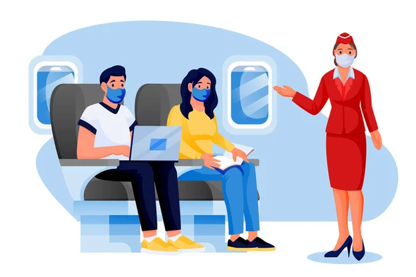 Hostes Adam Tıbbi Koruma Maskeli Kadın Uçakla Seyahat Eder Vektör — Stok Vektör