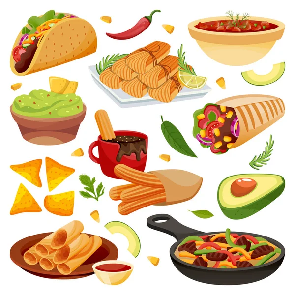 Platos Comida Tradicional Mexicana Ilustración Dibujos Animados Planos Vectoriales Conjunto — Vector de stock