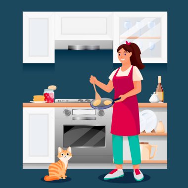 Mutfakta krep pişiren mutlu kadın. Kırmızı kedili genç kız lezzetli kahvaltı hazırlar. Vektör karakterler çizimi. Ev yemeği tarifleri, boş zaman yaşam tarzı ve ev konsepti