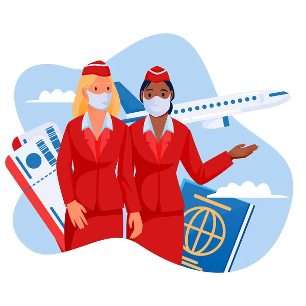 Mavi Arka Planda Tıbbi Koruma Maskesi Takan Uçan Uçakla Uçan — Stok Vektör