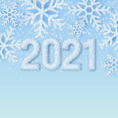 Yeni yılınız kutlu olsun. Gerçek kar taneleri olan soyut mavi arka planda beyaz kar sayıları. Zarif asgari afiş, poster, yeni yıl için tebrik kartı şablonu. Vektör illüstrasyonu.