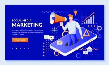Sosyal medya dijital pazarlama iş teknolojisi kavramı. Vektör çizimi. Çevrimiçi iletişim ve reklam stratejisi. Web iniş sayfası, afiş, sunum tasarım şablonu