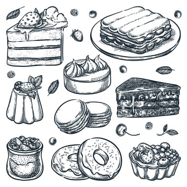 Beyaz arka planda izole edilmiş dilimlenmiş kek koleksiyonu. Vektör el çizimi çizimi çizimi. Tatlılar ve kafe tasarım ögeleri ayarlanır. Tatlı pasta, cheesecake, chia pudingi, badem kurabiyesi, limonlu tart.